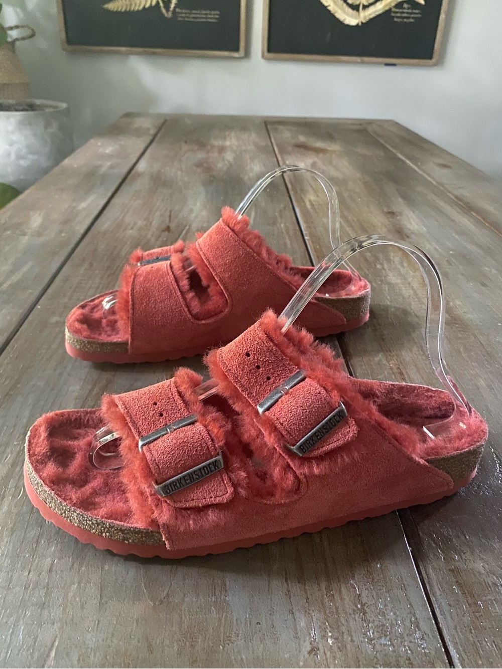 Birkenstock Arizona Shearling Suede Fur Lined Buckle Sandals Womens 9 260 Coral - Picture 7 of 12